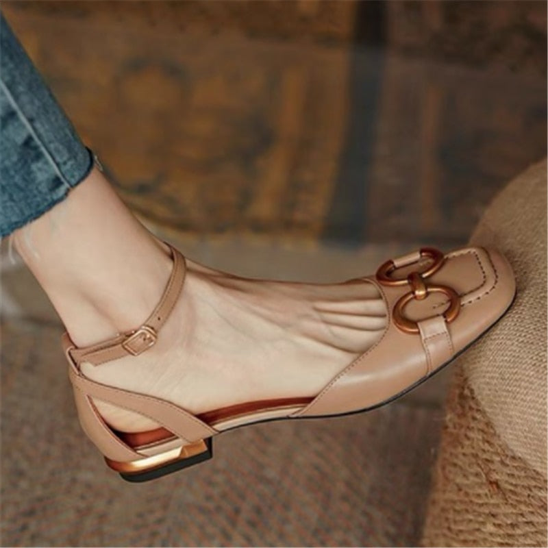 xakxx Sandals Women Summer New Retro Closed Square Toe Sandals Woman Slip On Mules Shoes Buckle Strap Lady Flat Shoes