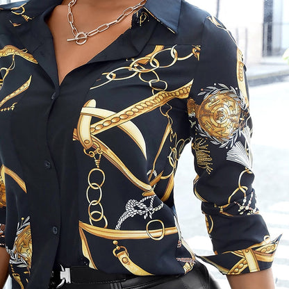 xakxx Women Fashion Shirt Lady Long Sleeve Blouse Turn-Down Collarbutton Design Chain Print Casual Shirts