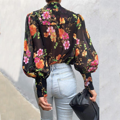 xakxx Autumn outfits  Autumn Puff Sleeve Shirts Blouse Women Floral/Leopard Long Sleeve Lapel Buttons Vintage Shirts Elegant Blouses Tops Female