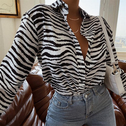 xakxx Autumn outfits  Fashion Zebra Print Blouse Shirts Women Autumn Long Sleeve Lapel Shirts Beach Casual Loose Club Sexy Tops Blouses Female