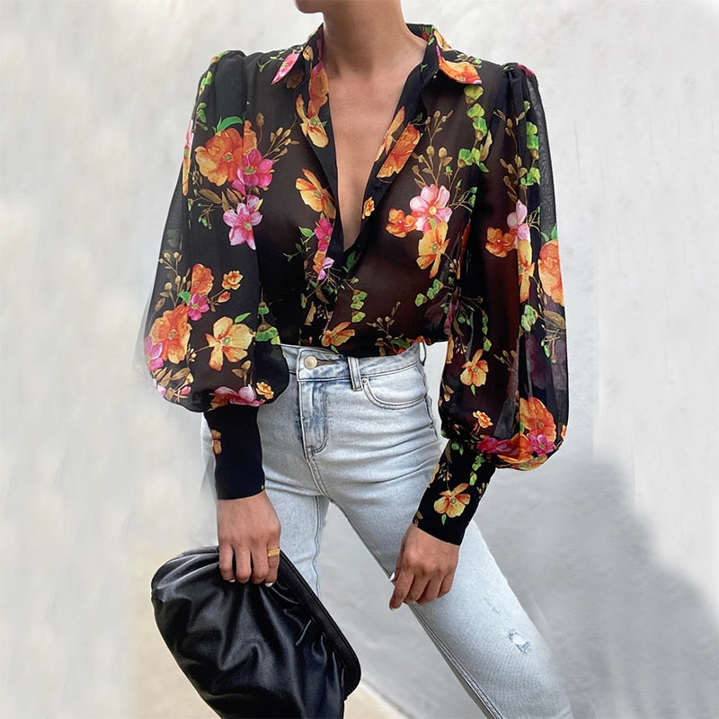 xakxx Autumn outfits  Autumn Puff Sleeve Shirts Blouse Women Floral/Leopard Long Sleeve Lapel Buttons Vintage Shirts Elegant Blouses Tops Female