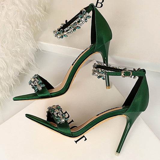 xakxx  Women 9cm High Heels Crystal Sandals Wedding Bridal Stiletto Heels Sandles Glitter Prom Elegant Stripper Satin Strap Shoes