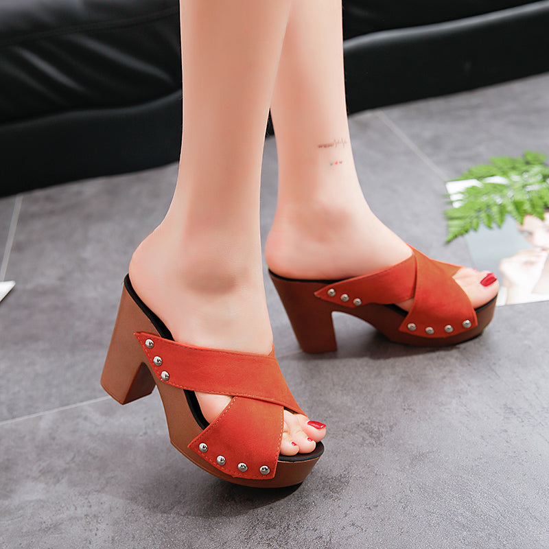 xakxx Summer Women Sandals Square High Heel Platform Flock Casual Rivet Pumps Peep Toe Female Elegant Ladies Shoes Zapatos De Mujer