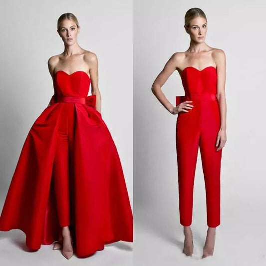 xakxx Red Jumpsuit Evening Dresses With Detachable Skirt  Sweetheart Formal Pants Suit Prom Party Gown With Bow Sleeveless