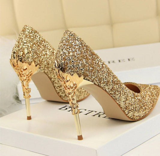 xakxx  New Spring Women Pumps High Thin Heels Pointed Toe Metal Decoration Sexy Bling Bridal Wedding Women Shoes Gold High Heels