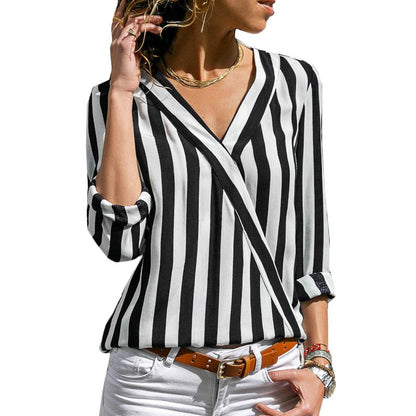 xakxx Women Striped Blouse V-neck Long Sleeve Blouses Shirts Casual Tops Work Wear Chiffon Shirt Plus Size Blusas Mujer De Moda