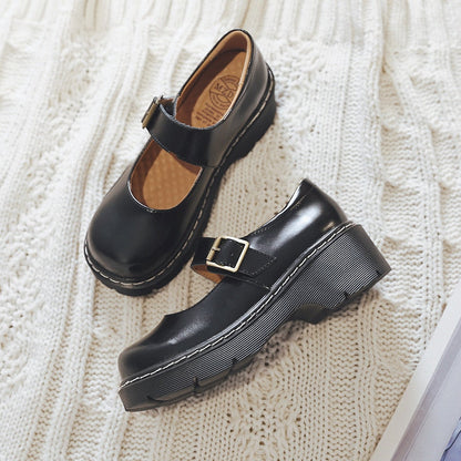 xakxx New Arrival Japanese Style Vintage Buckle Mary Janes Shoes Women's Shallow Mouth Casual Student Leather Shoes Thick Bottom