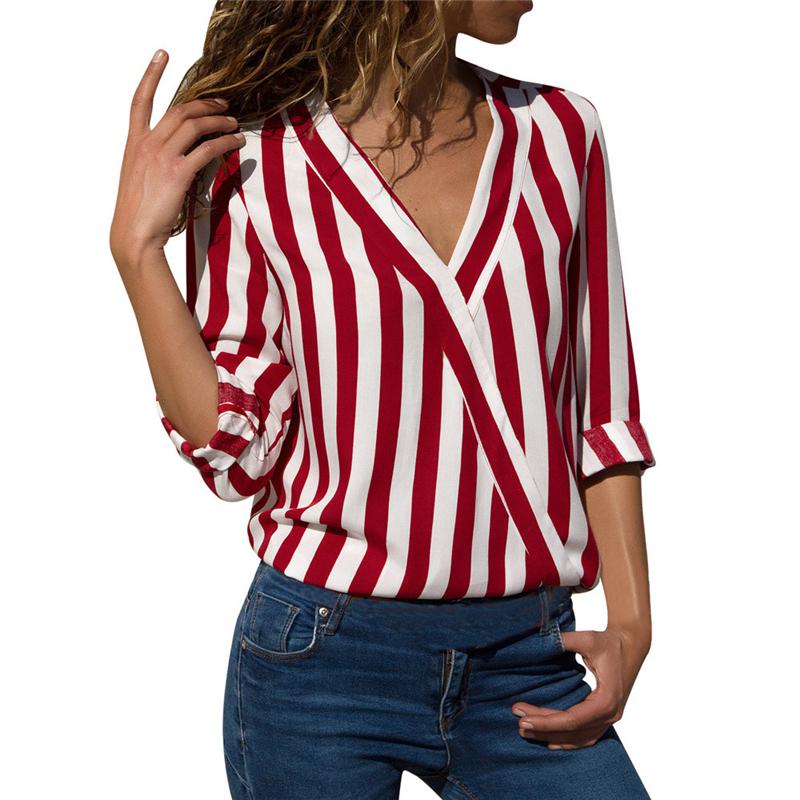 xakxx Women Striped Blouse V-neck Long Sleeve Blouses Shirts Casual Tops Work Wear Chiffon Shirt Plus Size Blusas Mujer De Moda