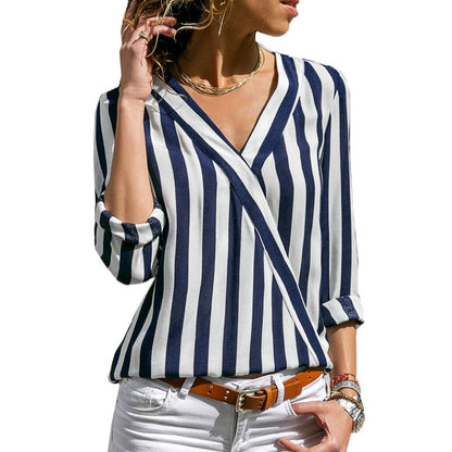 xakxx Women Striped Blouse V-neck Long Sleeve Blouses Shirts Casual Tops Work Wear Chiffon Shirt Plus Size Blusas Mujer De Moda