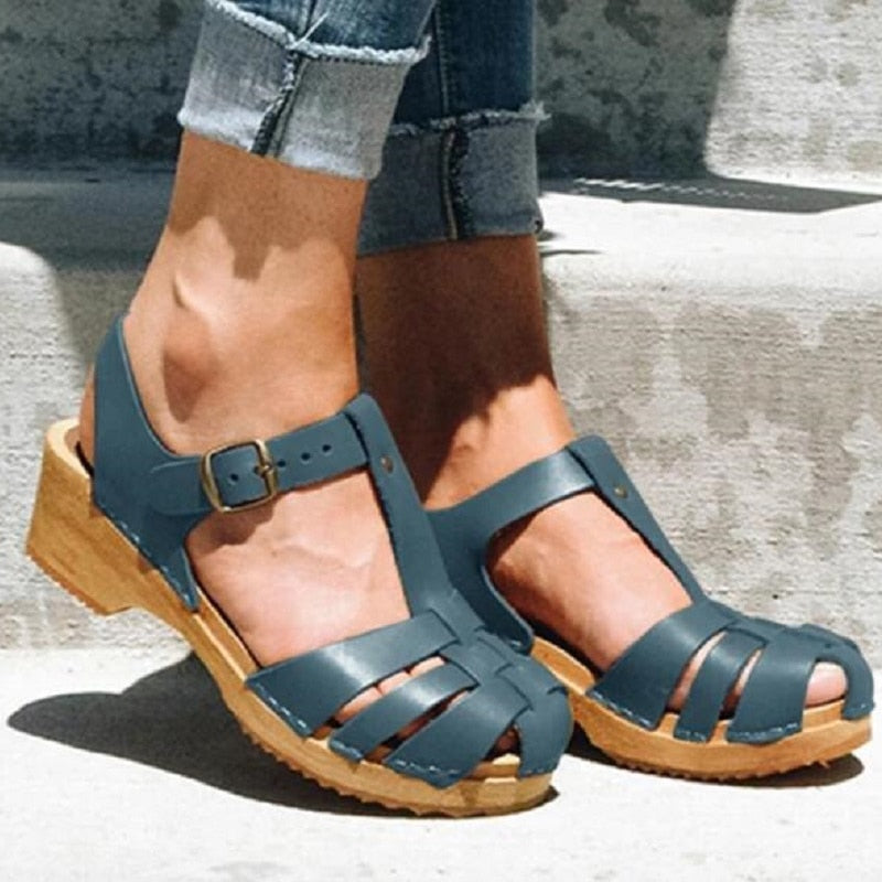 xakxx New Summer Women T Strap Sandals Mid Heels Platform Gladiator Ladies Shoes Black Closed Toe Beach Sandals Sandalias Mujer