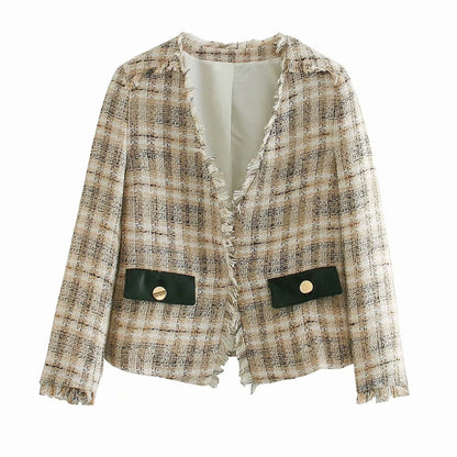 xakxx Vintage Tweed Plaid Tassels Blazer Suits Set Women Autumn Long Sleeve V Neck Blazer Coats And Skirt Shorts Two Piece Outfits New