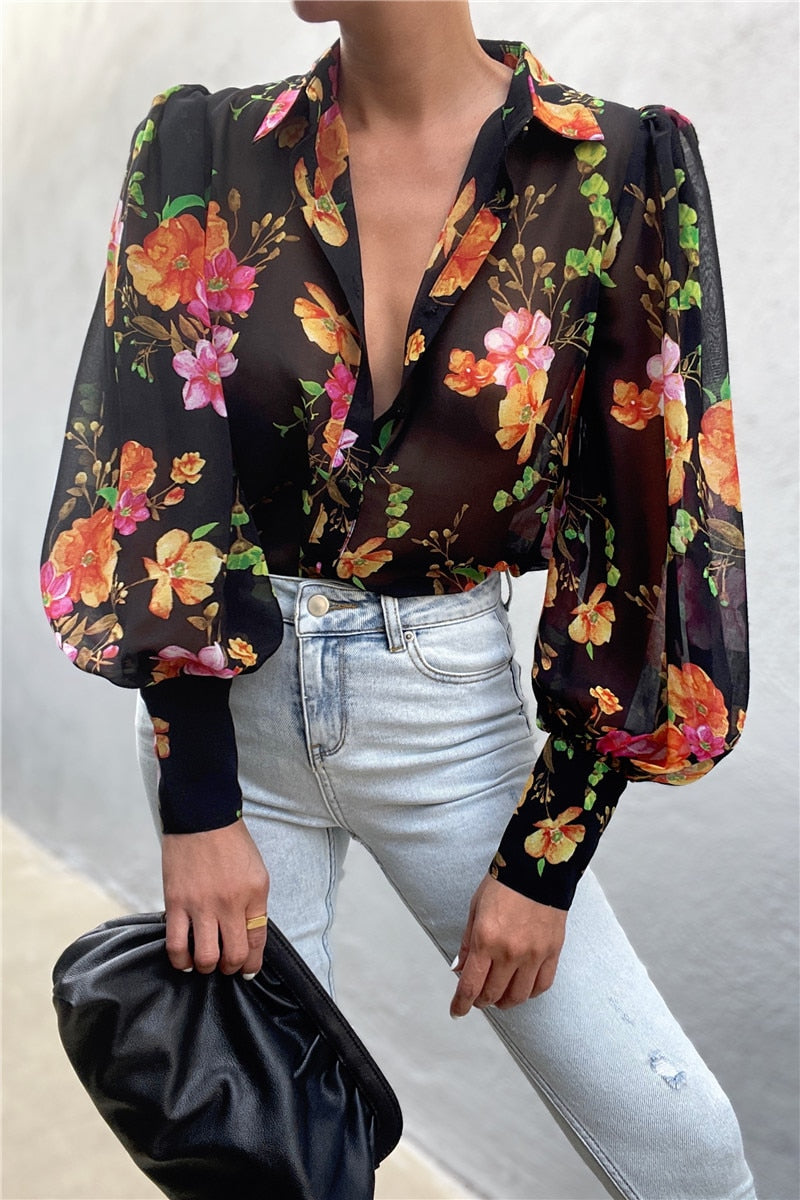 xakxx Autumn outfits  Autumn Puff Sleeve Shirts Blouse Women Floral/Leopard Long Sleeve Lapel Buttons Vintage Shirts Elegant Blouses Tops Female