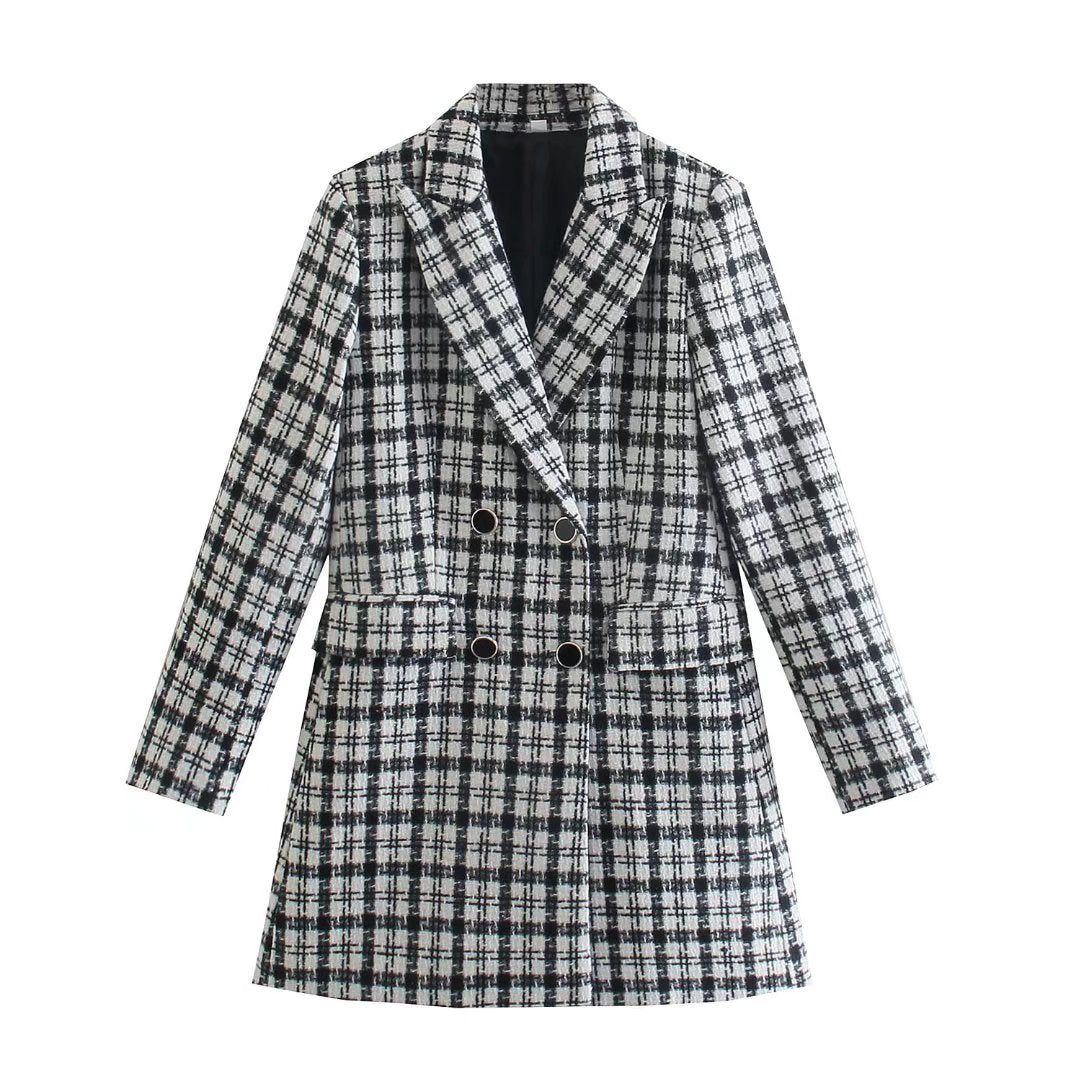 xakxx Fashion Women's Blazer Plaid Office Lady Pockets Oversized Long Jackets Women Vintage Loose Blazer Female Chic Tops