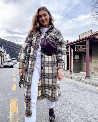 xakxx New Autumn Winter Women Thick Vintage Plaid Long Wool Coat Casual Oversize Shirt Jacket Loose Warm Outwear Overcoats Female