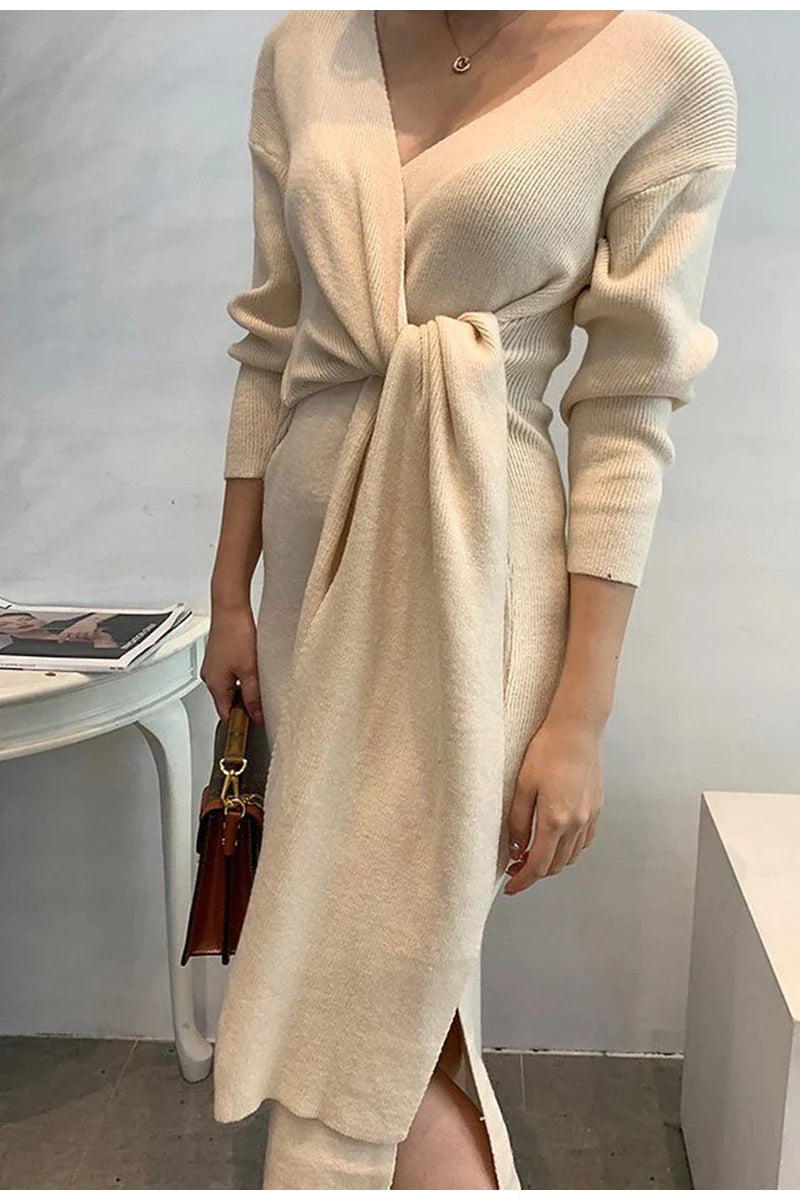 xakxx  Fall outfits  Casual v-neck lace up women knitted dress solid long sleeves asymmetrical sweater dress Loose female maxi winter vestido