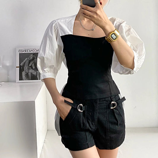 xakxx Sweet Gentle Lace-Up Tops Summer Square Collar Lady Elegance Shirts Plus New OL Streetwear Blouses