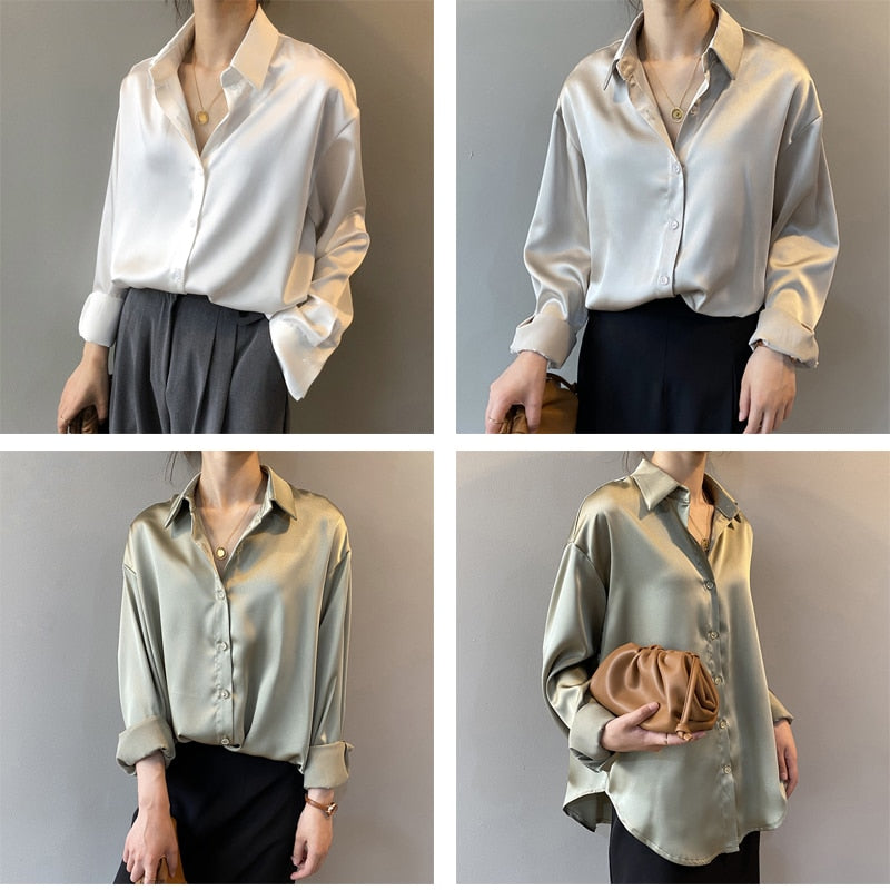 xakxx Thanksgiving Autumn Fashion Button Up Satin Silk Shirt Vintage Blouse Women White Lady Long Sleeves Female Loose Street Shirts 11355