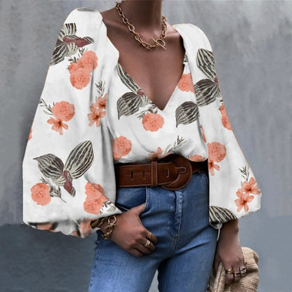 xakxx Autumn outfits  Autumn Puff Sleeve Shirts Blouse Women Floral Long Sleeve V Neck Vintage Shirts Casual Loose Elegant Tops Blouses Female