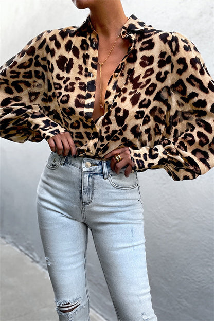 xakxx Autumn outfits  Autumn Puff Sleeve Shirts Blouse Women Floral/Leopard Long Sleeve Lapel Buttons Vintage Shirts Elegant Blouses Tops Female