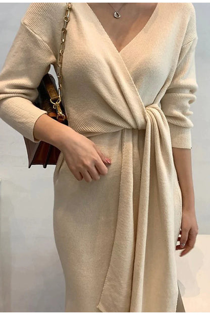 xakxx  Fall outfits  Casual v-neck lace up women knitted dress solid long sleeves asymmetrical sweater dress Loose female maxi winter vestido