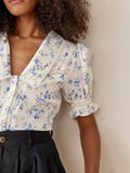 xakxx Floral Print Shirt Female Lace Blouse V-Neck Notched New All-Match Gentle Fashion Short Sleeve Summer Top