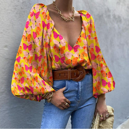 xakxx Autumn outfits  Autumn Puff Sleeve Shirts Blouse Women Floral Long Sleeve V Neck Vintage Shirts Casual Loose Elegant Tops Blouses Female