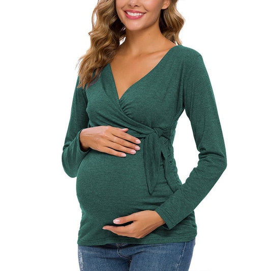 Pregnancy Clothes Maternity Shirts Long Sleeve V-Neck Pregnant Blouses Mama Casual Tunic Breastfeeding Comfortable Fit Tops