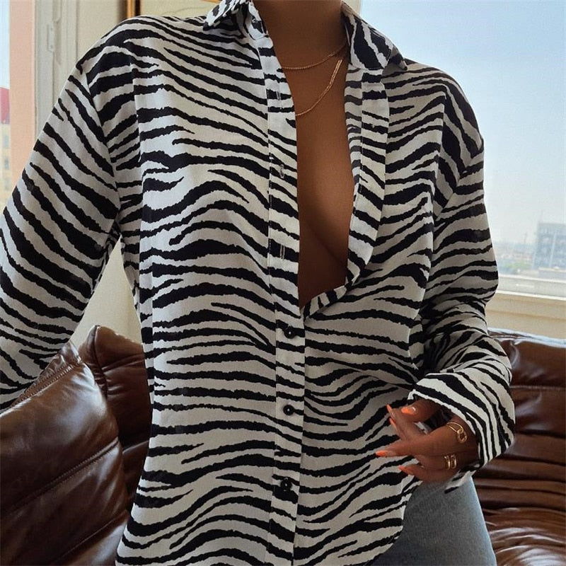 xakxx Autumn outfits  Fashion Zebra Print Blouse Shirts Women Autumn Long Sleeve Lapel Shirts Beach Casual Loose Club Sexy Tops Blouses Female