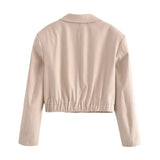 xakxx - New style women's casual temperament lapel long sleeves with shoulder pads elastic hem short bomber jacket