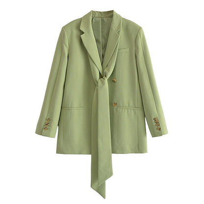 xakxx Office Lady Solid Green Oversized Long Blazer Women Long Sleeve V Neck Loose Jacket Female Vintage Outwears