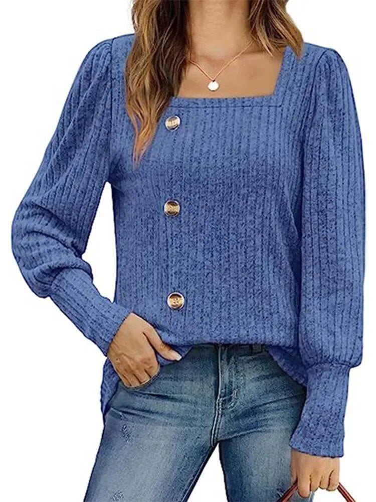 xakxx xakxx- Casual Button Square Collar T-Shirt Women Solid Color Long Sleeve Tops OL Lady Autumn Loose Pullover