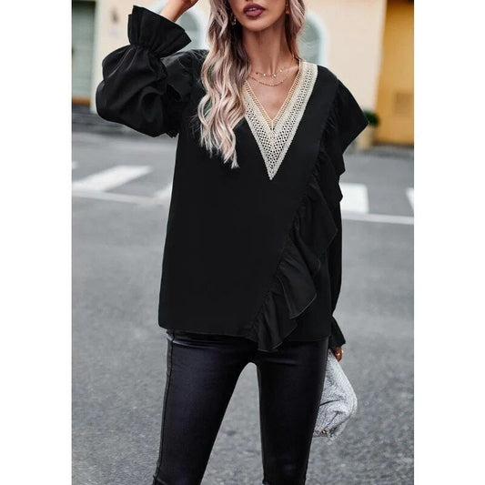 xakxx- Elegant Ruffle Blouse Women V-Neck Long Sleeve t Shirt Lady Spring Autumn Temperament Solid Color Black Tops