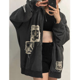 xakxx Grunge Gothic Emo Hoodie Women Oversize Harajuku Streetwear Black Patchwork Sweatshirts Vintage Style Autumn Zipper Top