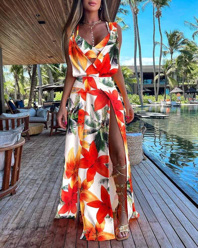 xakxx Summer Women's Fashion Casual Print Split Bottom Long Dress Sleeveless Strap Single-piece V-neck Elegant Party Dress