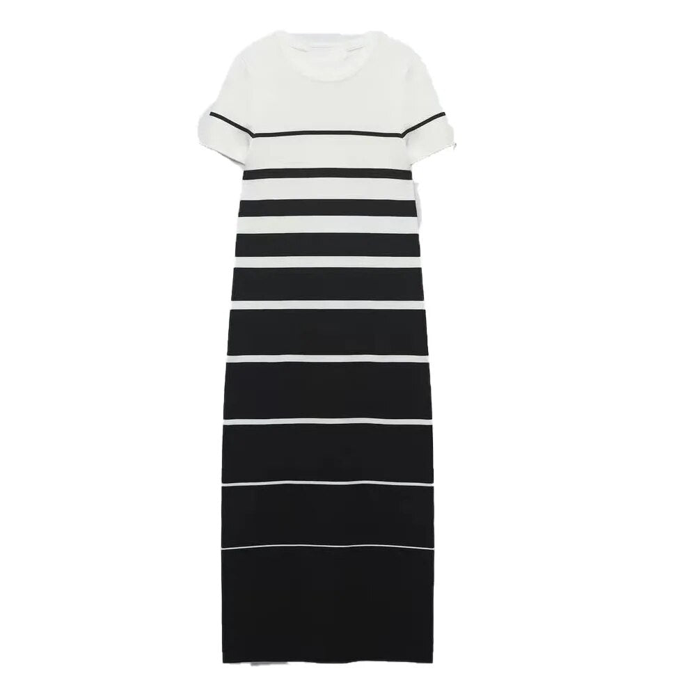 xakxx xakxx- New Femininity Casual Vibrant Sexy Knit High Stretch One Size Short Sleeve Round Neck Striped Midi Dress