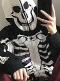 xakxx Y2K Gothic Zip Up Hoodies Women Punk Oversized Skull Skeleton Print Sweatshirts Black Hip Hop Loose Tops Jacket Grunge