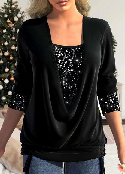 xakxx xakxx- 6 Colors Sequin Blouse Women Luxurious Solid Color O Neck Long Sleeve Tops Lady Elegant Spring Autumn Party Clothing 3XL