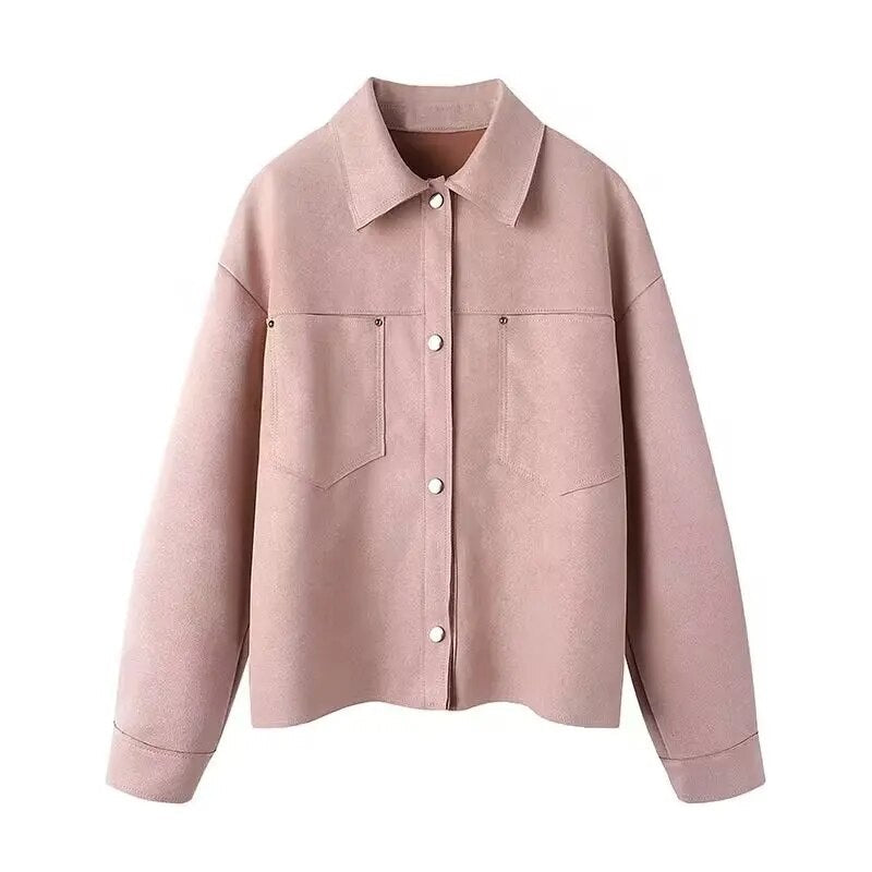 xakxx- Autumn New Women's  Double Color Pocket with Ribbed Suede Effect Short Shirt Coat