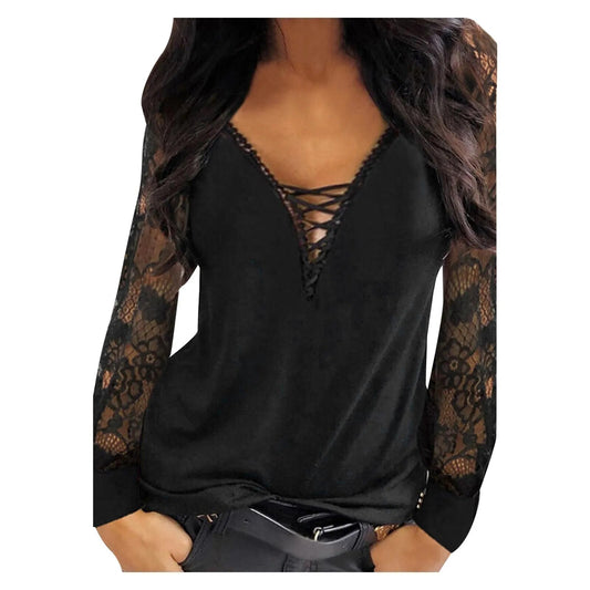 xakxx- Black Lace Perspective Long Sleeve Blouse Female Sexy Deep V Neck Tops women Spring Autumn Pullover T Shirt Clothes