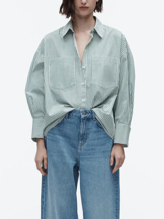 xakxx xakxx - New women's  long-sleeved lapel shirt with patch pocket stripe loose poplin shirt on the front