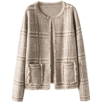 xakxx xakxx-Houndstooth plaid fringed cashmere sweater knitted small fragrant wool cardigan women's loose plaid coat