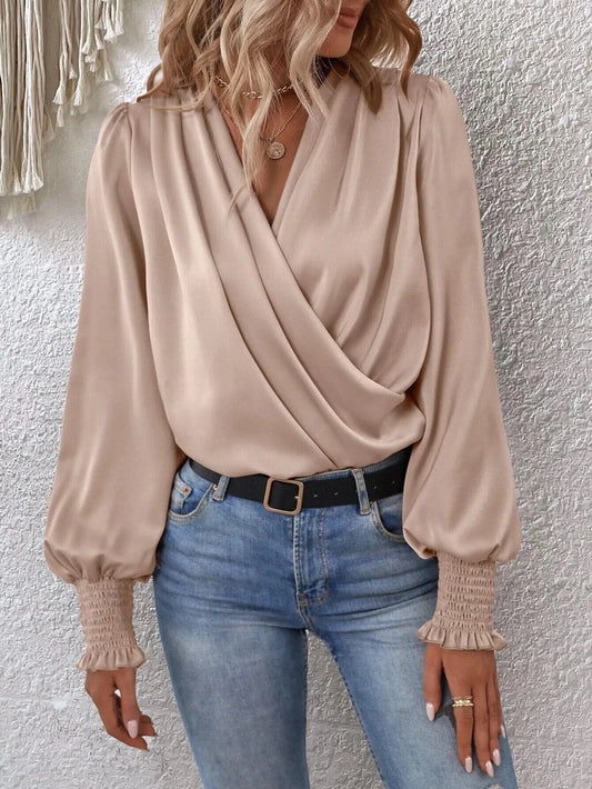 xakxx xakxx- 5 Colors Elegant Lantern Sleeve Blouse V-Neck Pleated Long Sleeves Women Formal Party Tops Spring Autumn Clothing