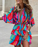 xakxx- 7 Colors Women Summer Dress V Neck Batwing Sleeve Ruffle Mini Dress Female Geometric Multicolor Boho Beach Party Dresses