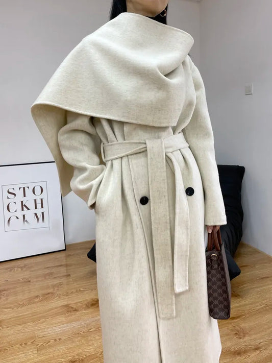 xakxx xakxx-New Fashion Scarf Collar Warm Double-sided Wool Coat Loose Women Fashion Double-breasted Long Woolen Coat Female Clothing Autumn