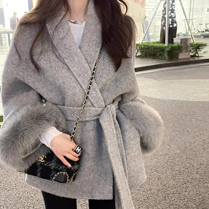 xakxx xakxx-Winter New Women Double-sided Wool Lace-up Coat Cuffs Removable Fox Fur High Quality Double-sided Cashmere Woolen Coat Female