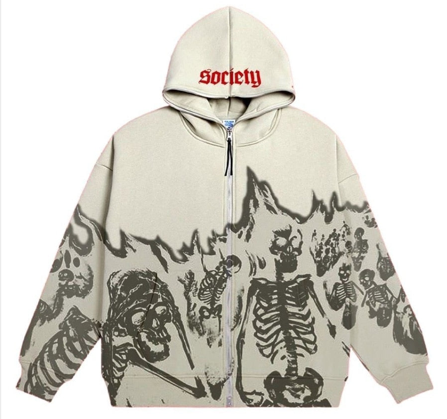 xakxx Y2K Gothic Skeleton Print Hoodie Women Harajuku Hip Hop Oversized Zipper Jacket Autumn Winter Vintage Loose Hooded Sweatshirts