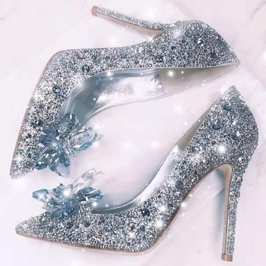 xakxx Newest  Cinderella Shoes Rhinestone High Heels Women Pumps Pointed Toe Woman Crystal Party Wedding Shoes 5Cm/7Cm/9Cm