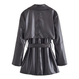 xakxx xakxx - New Women's Clothing Retro Fashion Slim Waist Black Faux Leather Long Sleeve Lapel Short Trench Coat