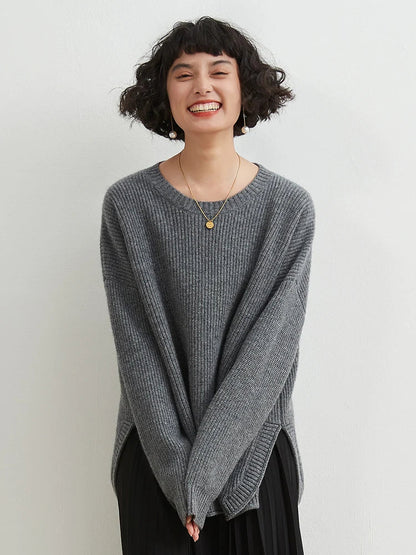 xakxx xakxx-Solid color cashmere sweater women's round neck thick split sweater loose lazy bottoming sweater