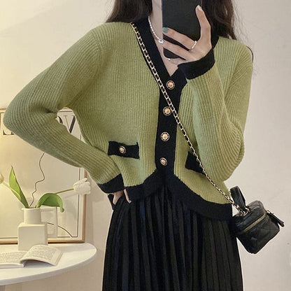 xakxx  Small Perfume Style Long-sleeved Knit Sweater Cardigan Women's New Fall /winter Thin Color Blocking V-neck Jacket Blouse